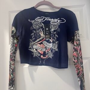 WOMEN’S ED HARDY MESH TRUE EAGLE LONG-SLEEVE TOP – Y2K TATTOO STYL